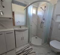 Koupelna v rekreačním apartmánu s moderním sprchovým koutem a bílým nábytkem.