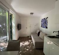 Interiér rodinného domu s pohovkou, dekorativním obrazem a kuchyňskou linkou.