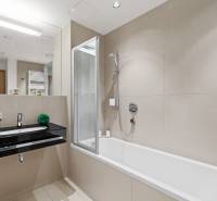 Koupelna s vanou, černým umyvadlem a zrcadlem v 2-pokojovém bytě.