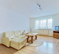 Světlý obývací pokoj s podlahou s dřevěným dekorem ve 3-pokojovém bytě.