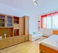 Pokoj v 3-pokojovém bytě s nábytkem z dřevodekoru a postelí u okna.