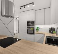 Kuchyně ve 4-pokojovém bytě, s podlahou s dřevěným dekorem a moderním kuchyňským vybavením.