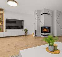 Obývací pokoj ve 4pokojovém bytě s krbem a podlahou s dřevěným dekorem.