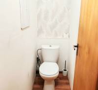 Toaleta v 3-pokojovém bytě s bílými stěnami a podlahou s dřevěným dekorem.