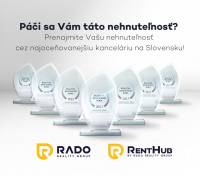 Ocenění Realitní kancelář roku, RADO Reality Group a RentHub logo na bílém pozadí.