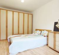 Ložnice s palandou, šatní skříní, komodou a podlahou s dřevěným dekorem v dvoupokojovém bytě.