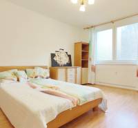 Ložnice v 2-pokojovém bytě s postelí, nábytkem a podlahou s dřevěným dekorem.