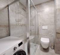 Koupelna s pračkou, sprchovým koutem a závěsným WC ve 2pokojovém bytě.