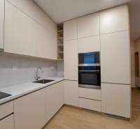 Kuchyně v 2-pokojovém bytě s podlahou s dřevěným dekorem, světlými skříňkami a vestavnou troubou.