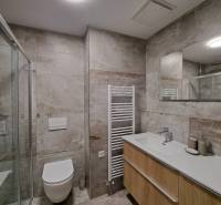 Koupelna v 2-pokojovém bytě s moderní sanitou a stěnami se šedým vzorem.