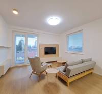 Obývací pokoj v 2-pokojovém bytě s podlahou s dřevěným dekorem, televizí a výhledem.