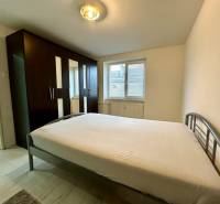 Ložnice s velkou skříní a postelí v 2-pokojovém bytě, světlá podlaha s dřevěným dekorem.