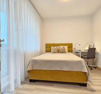 Ložnice v jednopokojovém bytě s postelí, psacím stolem a podlahou s dřevěným dekorem.