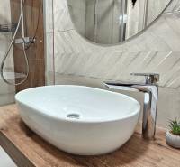 Koupelna v 1-pokojovém bytě s umyvadlem na dřevěném dekoru a moderní baterií.