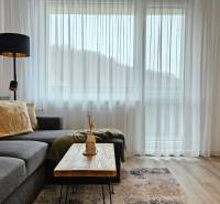 Stylový obývací prostor v 1-pokojovém bytě s pohovkou a stolkem na podlaze s dřevěným dekorem.