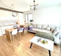 Obývací pokoj s kuchyní v 3-pokojovém bytě, světlá sedačka, podlaha s dřevěným dekorem.