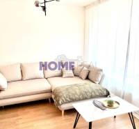 Obývací pokoj v 3-pokojovém bytě s pohovkou, stolkem a podlahou s dřevěným dekorem.