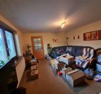 Obývací pokoj v rodinném domě s krabicemi, pohovkou a dekoracemi na stěnách.