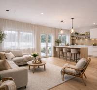 Obývací pokoj a kuchyň v rodinném domě s podlahou s dřevěným dekorem, pohodlným nábytkem.