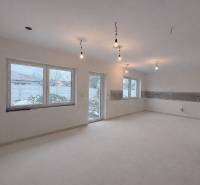 Interiér v rodinném domě se světlou podlahou a velkými okny, bez nábytku.