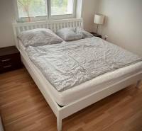 Ložnice v 2pokojovém bytě s podlahou s dřevěným dekorem a dvojlůžkem.