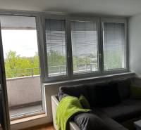 Světlý obývací pokoj v 1+kk bytě s pohovkou a balkonovými okny.