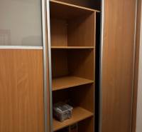 Šatní skříň s posuvnými dveřmi a policemi v 1-pokojovém bytě.