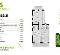 Půdorys 3pokojového bytu s terasou a úložnými prostory, byt B3.11.