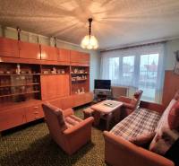 Obývací pokoj 3pokojového bytu s retro nábytkem a zeleným kobercem.