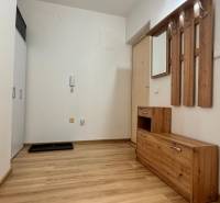 Předsíň v 2-pokojovém bytě s podlahou s dřevěným dekorem a dřevěným nábytkem.