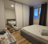 Ložnice v 2-pokojovém bytě s podlahou s dřevěným dekorem, postelí a dětskou postýlkou.