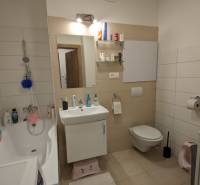 Koupelna v 2-pokojovém bytě s vanou, umyvadlem, zrcadlem a světlým obložením stěn.