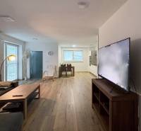 Obývací pokoj ve 3-pokojovém bytě s pohovkou, televizí a podlahou s dřevěným dekorem.