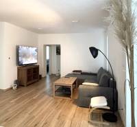 Obývací pokoj v 3pokojovém bytě s podlahou s dřevěným dekorem a šedou sedačkou.