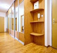 Předsíň v 2-pokojovém bytě s podlahou s dřevěným dekorem a vestavěnými skříňkami.