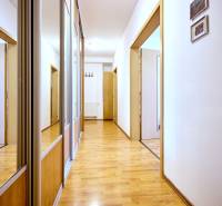 Chodba s podlahou s dřevěným dekorem a vestavěnými skříněmi v 2pokojovém bytě.