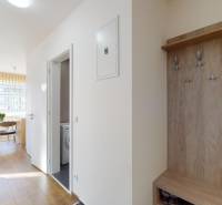 Chodba s podlahou s dřevěným dekorem a věšákem v 2-pokojovém bytě.