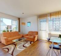 Obývací pokoj v 2-pokojovém bytě s podlahou s dřevěným dekorem a pohodlnou sedačkou.