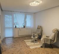 Obývací pokoj ve 4pokojovém bytě s podlahou s dřevěným dekorem a dvěma křesly.