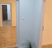 Interiér 4-pokojového bytu s podlahou s dřevěným dekorem a bílými stěnami.