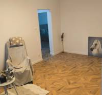 Obývací pokoj se židlí a podlahou s dřevěným dekorem ve 4pokojovém bytě.