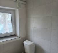 Toaleta s obklady na stěně ve výrobních prostorách.