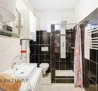 Koupelna se sprchovým koutem, umyvadlem a zrcadlem v rodinném domě.