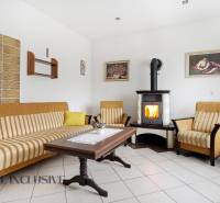 Obývací pokoj v rodinném domě s krbem, pohovkou a dřevěným stolem.