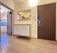 Chodba 2-pokojového bytu s podlahou s dřevěným dekorem a výhledem do kuchyně.