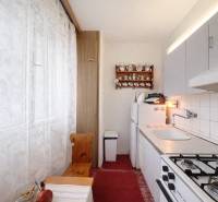 Útulná kuchyně s plynovým sporákem a rustikální dekorací v 1-pokojovém bytě.