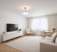 Obývací pokoj v jednopokojovém bytě s podlahou s dřevěným dekorem, světlým nábytkem a televizorem.