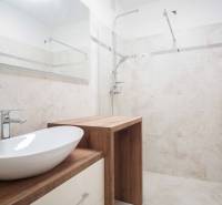 Koupelna s umyvadlem a dřevěným dekorem, Rodinný dům.