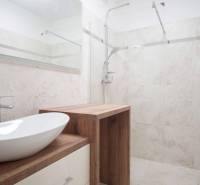 Koupelna v rodinném domě s umyvadlem na dřevěném dekoru a sprchovým koutem.