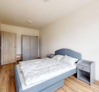 Ložnice v 3-pokojovém bytě s podlahou s dřevěným dekorem, šedou postelí a šatníkem.